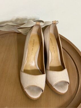 Antonio Melani Women's Beige Peep-Toe Wedge Heels